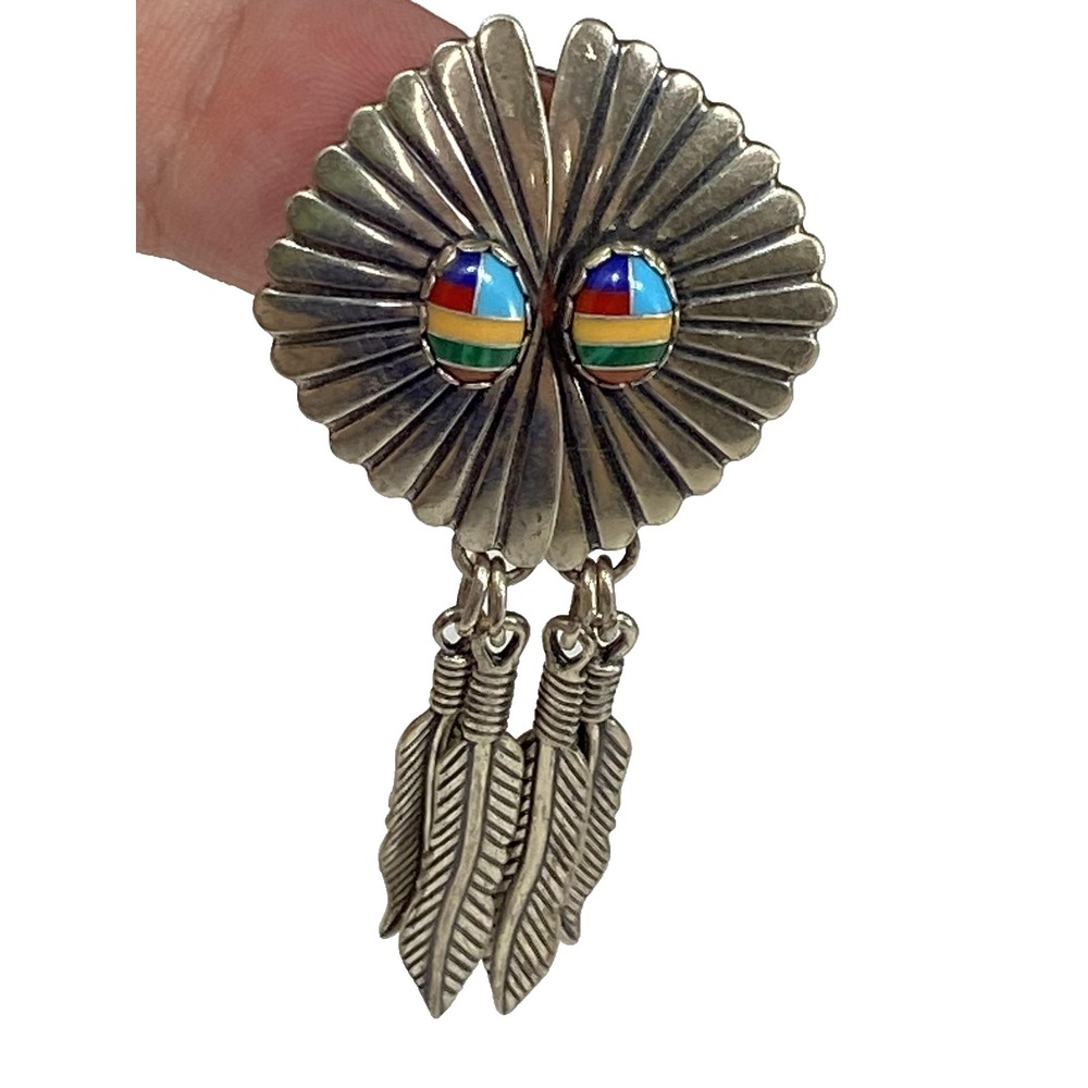 Vintage Sterling Silver Feather Earrings Inlay Stone Fan WM Native American Jewl
